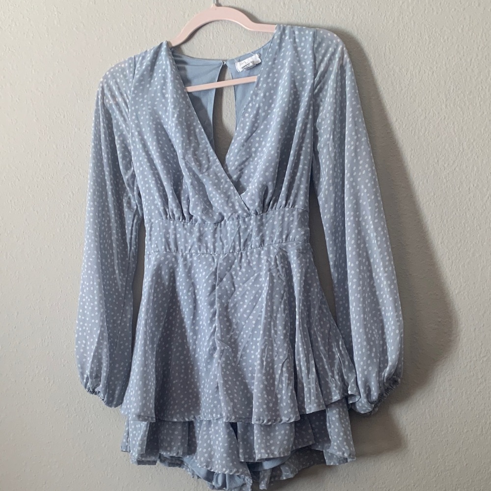 Light Blue Polka Dot Long Sleeve Romper